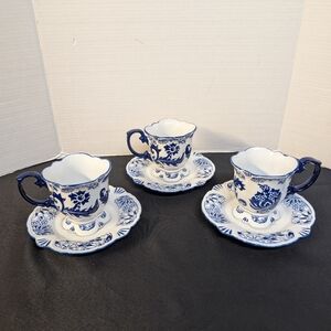 3 Vintage BOMBAY Company Asian Garden Cobalt Blue & White Pedestal Ceramic Cup